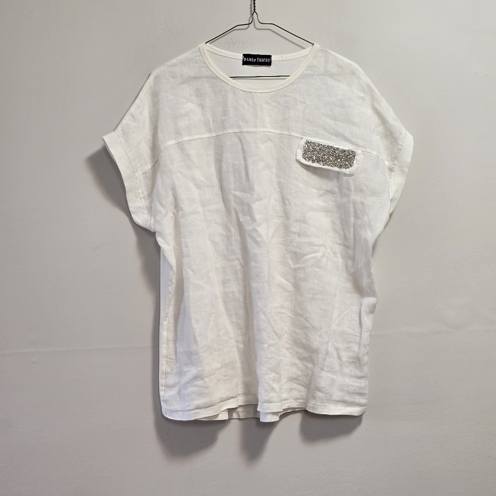 Paolo Tricot White Linen Top with Embellished Pocket S/M